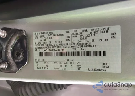 2017 Ford F-150 Lariat z USA, uszkodzony, nr VIN 1FTFW1EG9HKC20788